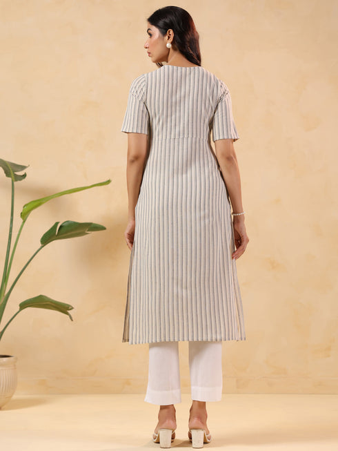 Janasya Women's Off White Cotton Striped Straight Kurta