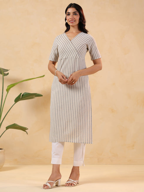 Janasya Women's Off White Cotton Striped Straight Kurta