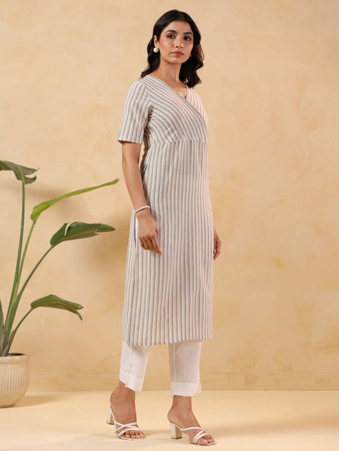 Janasya Women's Off White Cotton Striped Straight Kurta