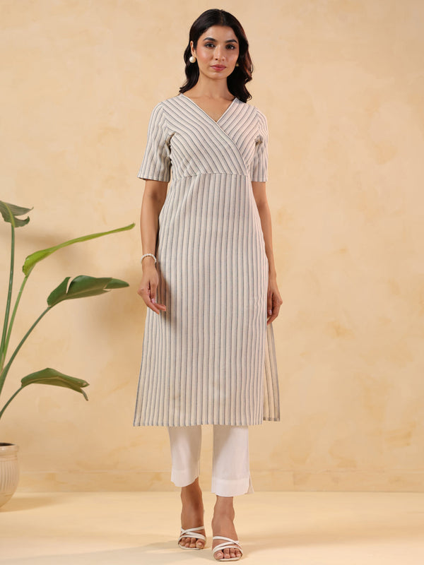 Janasya Women's Off White Cotton Striped Straight Kurta