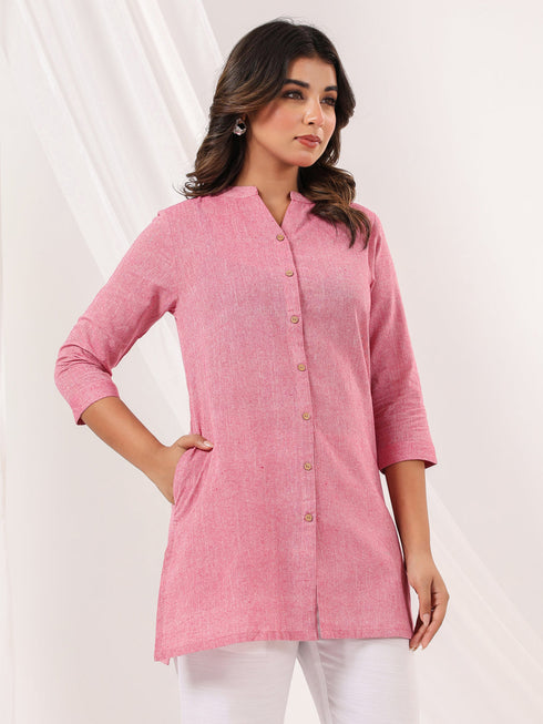 Janasya Women's Pink Cotton Solid Straight Short Kurti