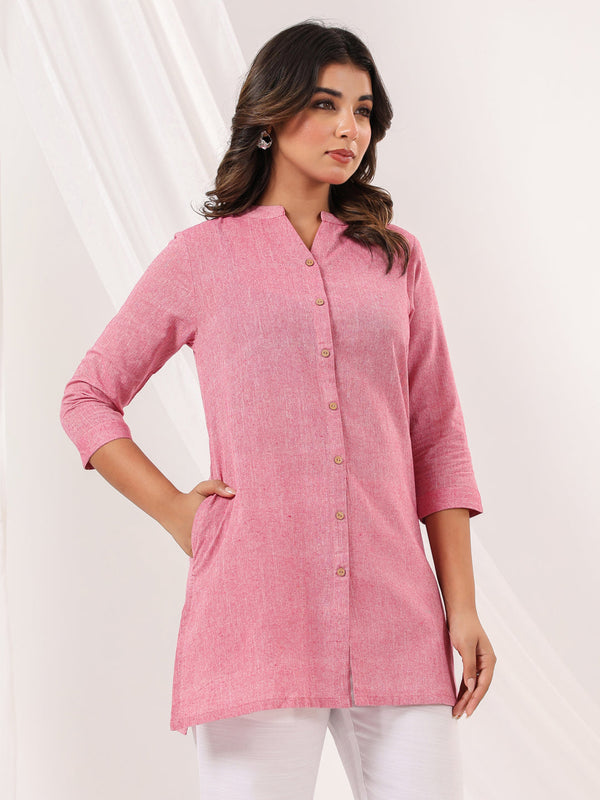 Janasya Women's Pink Cotton Solid Straight Short Kurti