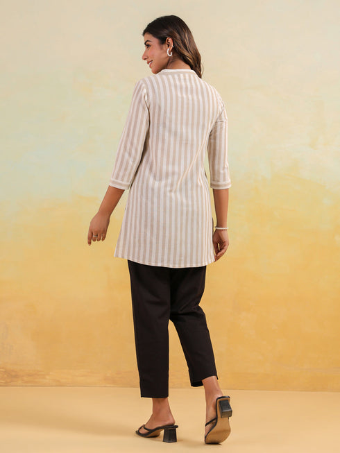 Janasya Women's Beige Cotton Striped Straight Short Kurti