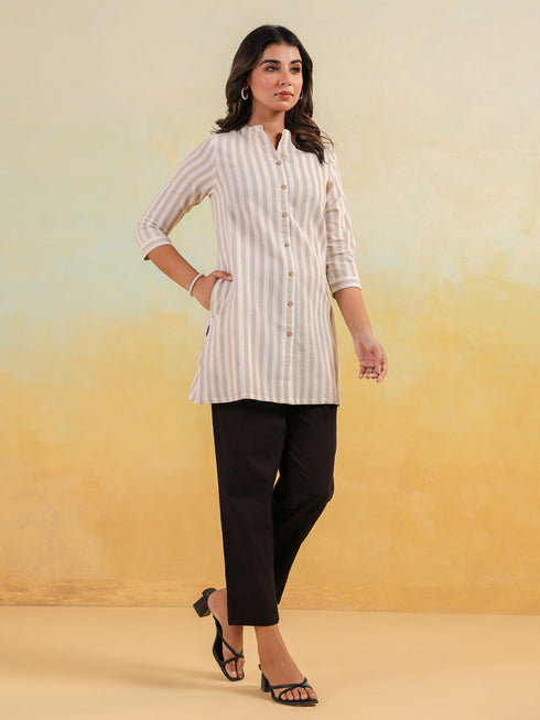 Janasya Women's Beige Cotton Striped Straight Short Kurti