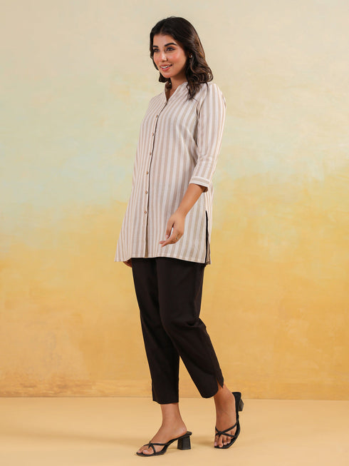 Janasya Women's Beige Cotton Striped Straight Short Kurti