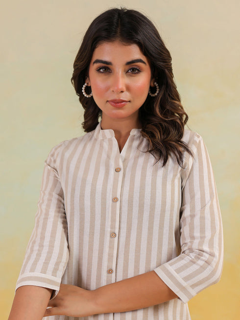 Janasya Women's Beige Cotton Striped Straight Short Kurti