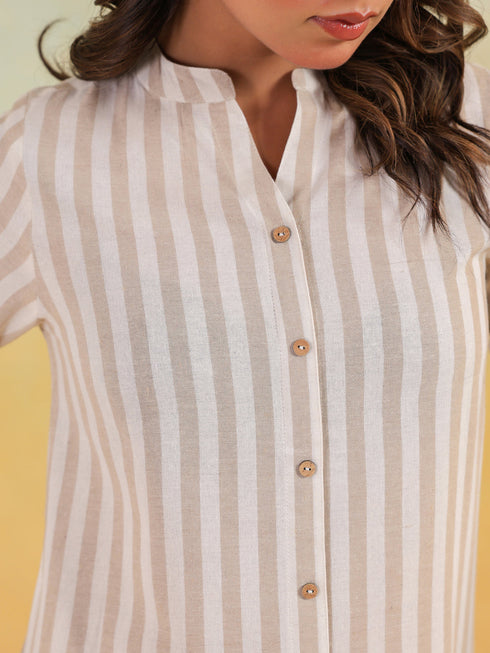 Janasya Women's Beige Cotton Striped Straight Short Kurti