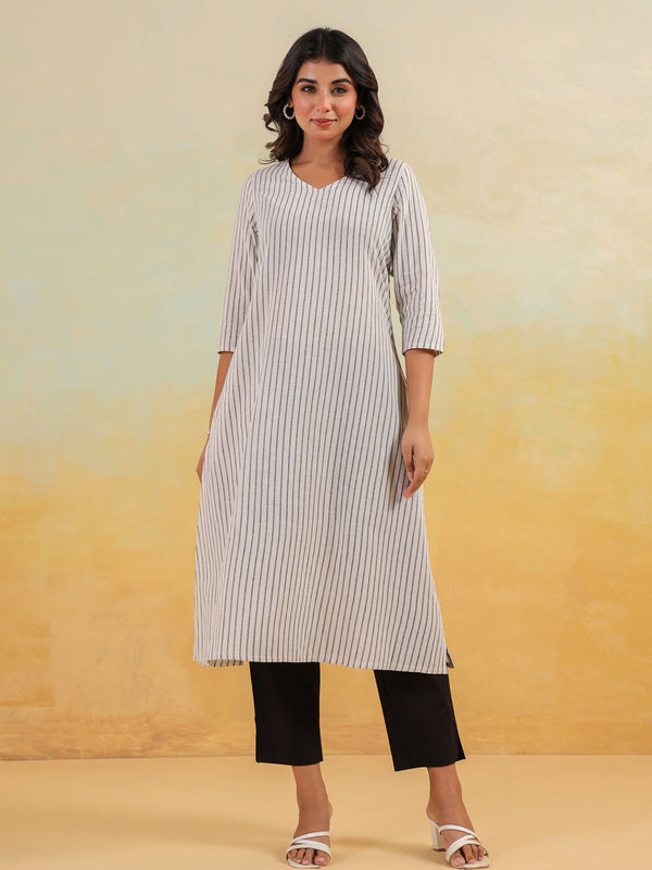Janasya Women's White & Black Cotton Striped Straight Kurta