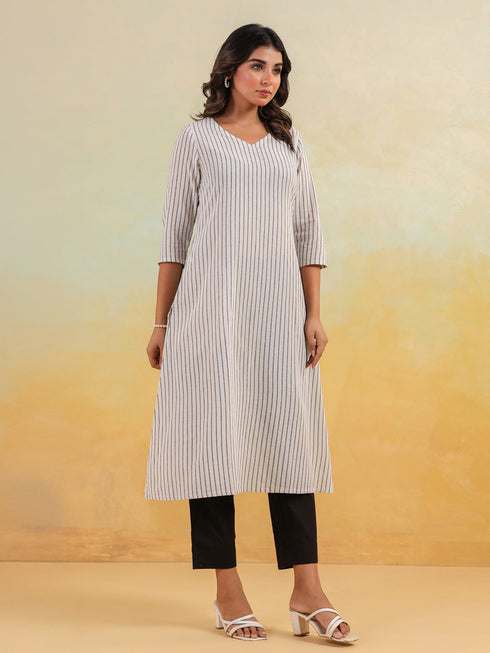 Janasya Women's White & Black Cotton Striped Straight Kurta