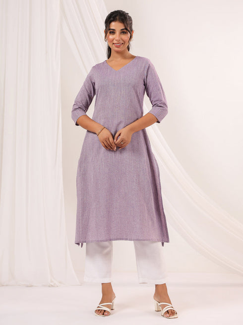 Janasya Women's Purple Cotton Solid Straight Kurta