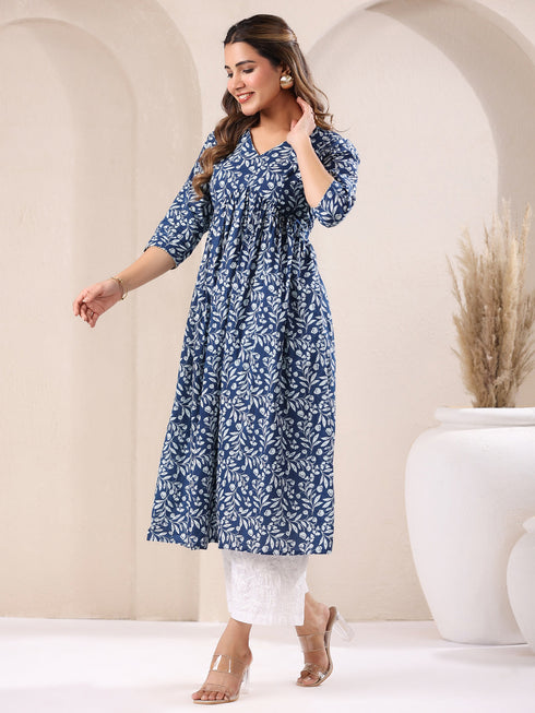 Blue Pure Cotton Floral Printed A-Line Kurta