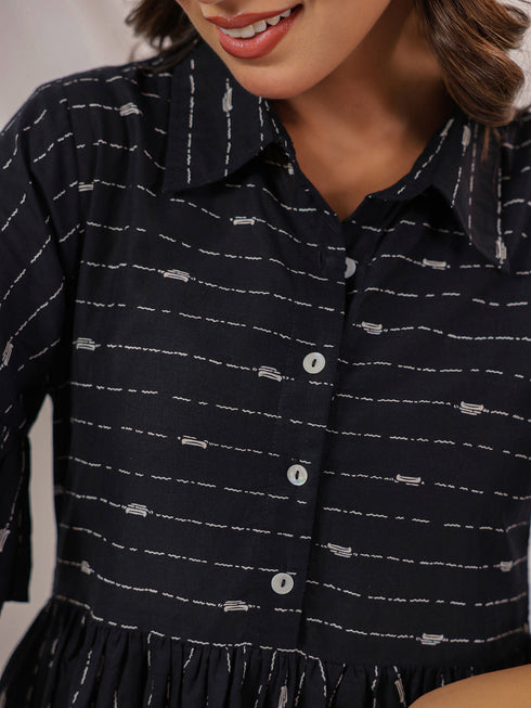 Janasya Women's Black Cotton Abstract Printed A line Dress