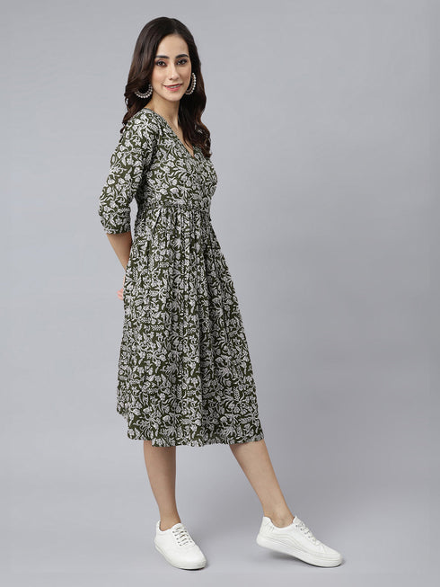 Olive Green Pure Cotton Floral Printed Angrakha Dress