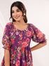 Janasya Women's Purple Georgette Floral Printed Tiered Dress