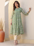 Janasya Women's Green Chiffon Lurex Floral Printed A-line Kurta