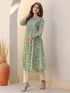 Janasya Women's Green Chiffon Lurex Floral Printed A-line Kurta