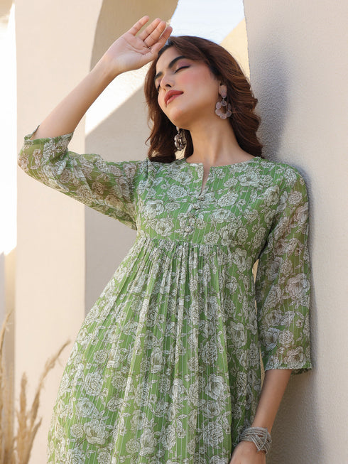 Janasya Women's Green Chiffon Lurex Floral Printed A-line Kurta