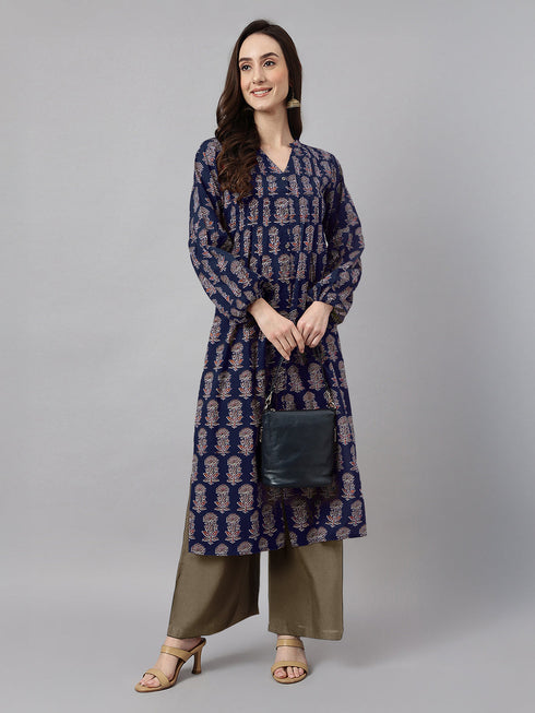 Janasya Women's Navy Blue Pure Cotton Floral Printed A-line Kurta
