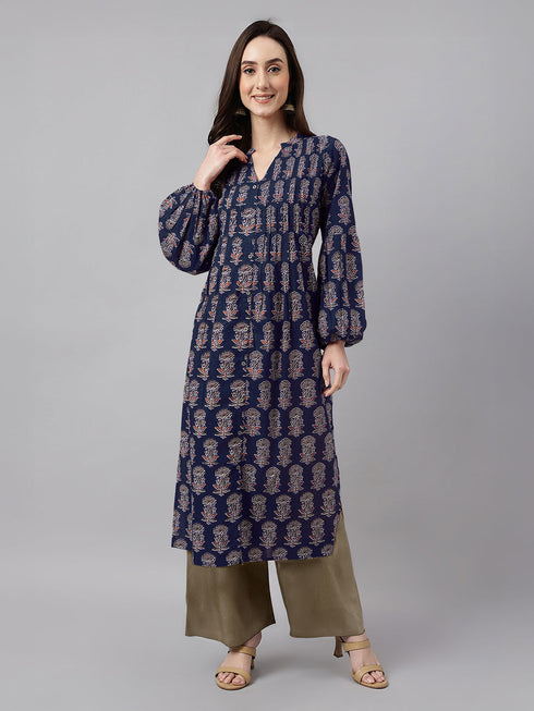 Janasya Women's Navy Blue Pure Cotton Floral Printed A-line Kurta