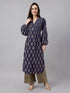 Janasya Women's Navy Blue Pure Cotton Floral Printed A-line Kurta