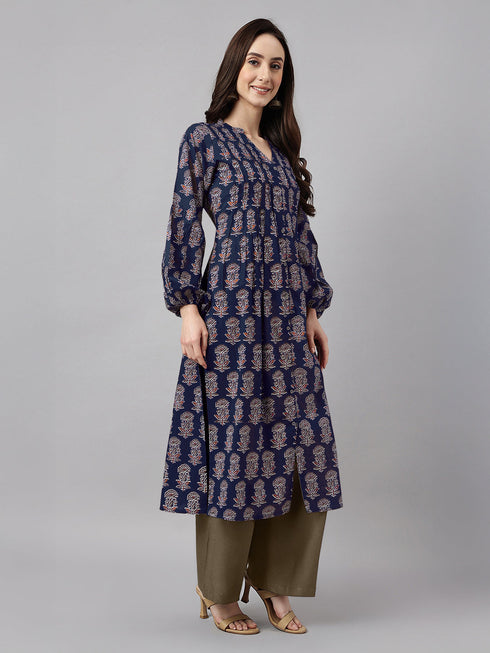 Janasya Women's Navy Blue Pure Cotton Floral Printed A-line Kurta