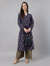 Janasya Women's Navy Blue Pure Cotton Floral Printed A-line Kurta