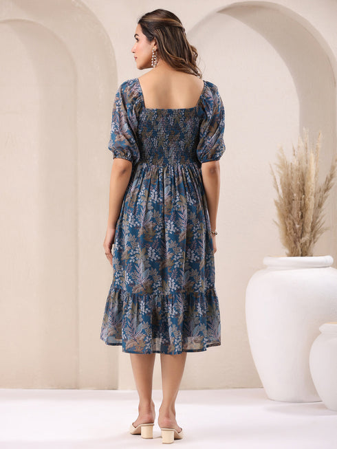 Teal Georgette Floral Printed Tiered Dress