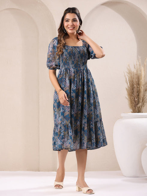 Teal Georgette Floral Printed Tiered Dress