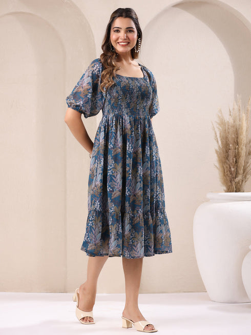 Teal Georgette Floral Printed Tiered Dress