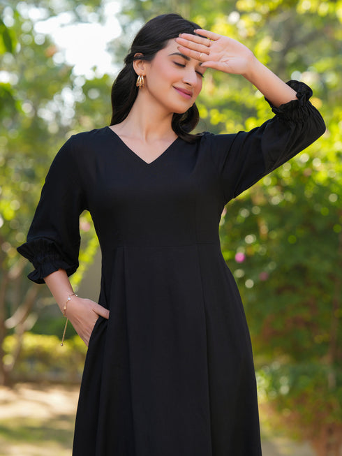 Black Rayon Solid A-line Dress