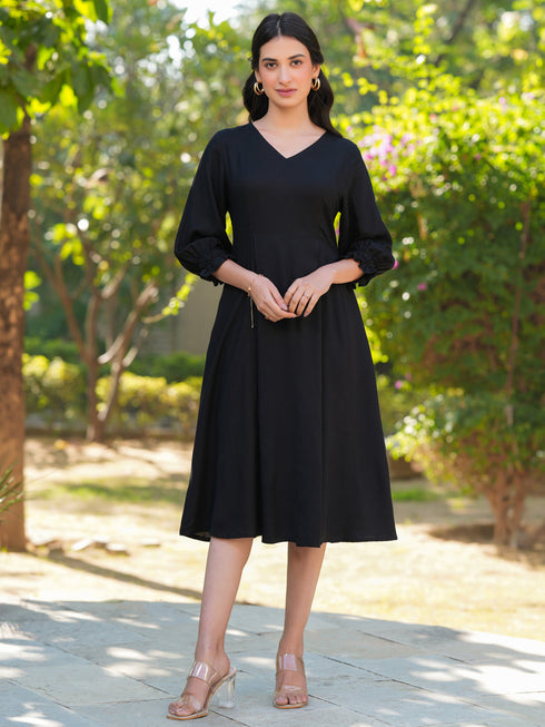 Black Rayon Solid A-line Dress