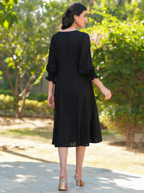 Black Rayon Solid A-line Dress