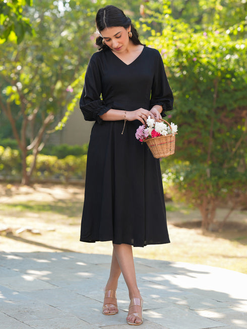 Black Rayon Solid A-line Dress