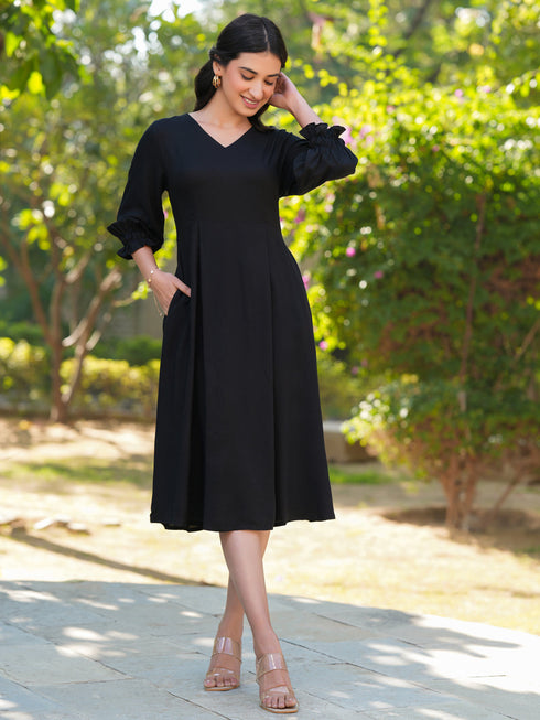 Black Rayon Solid A-line Dress