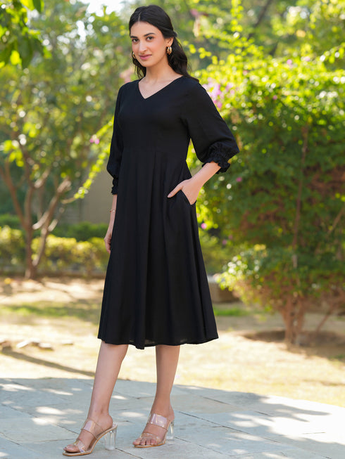 Black Rayon Solid A-line Dress