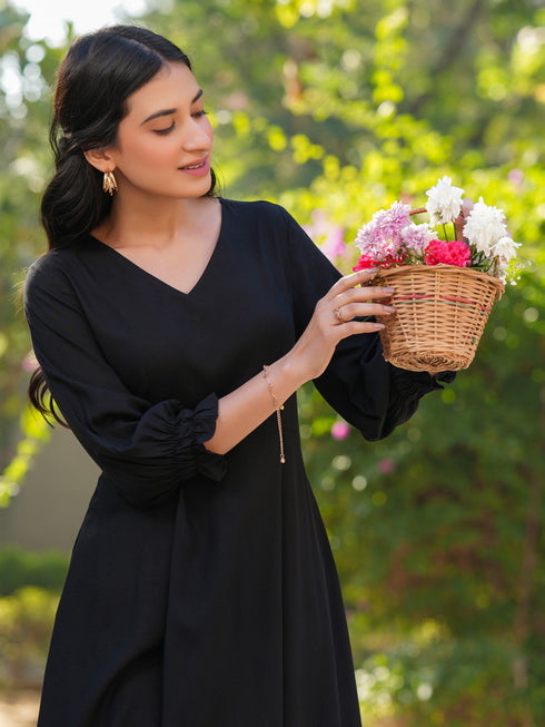 Black Rayon Solid A-line Dress