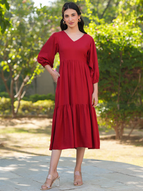 Red Rayon Solid Tiered Dress