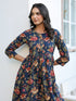 Navy Blue Pure Cotton Floral Printed A-line Dress