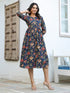Navy Blue Pure Cotton Floral Printed A-line Dress