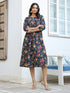 Navy Blue Pure Cotton Floral Printed A-line Dress