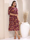 Wine Pure Cotton Floral Printed Gathered Dress