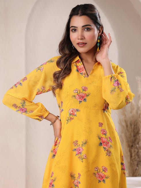 Mustard Georgette Floral Printed A-line Dress
