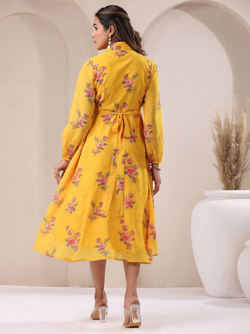 Mustard Georgette Floral Printed A-line Dress
