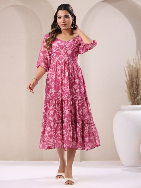 Pink Georgette Floral Printed Tiered Dress