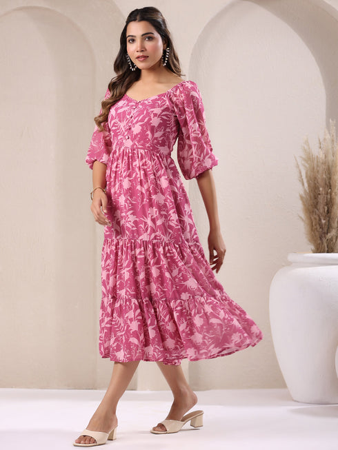 Pink Georgette Floral Printed Tiered Dress