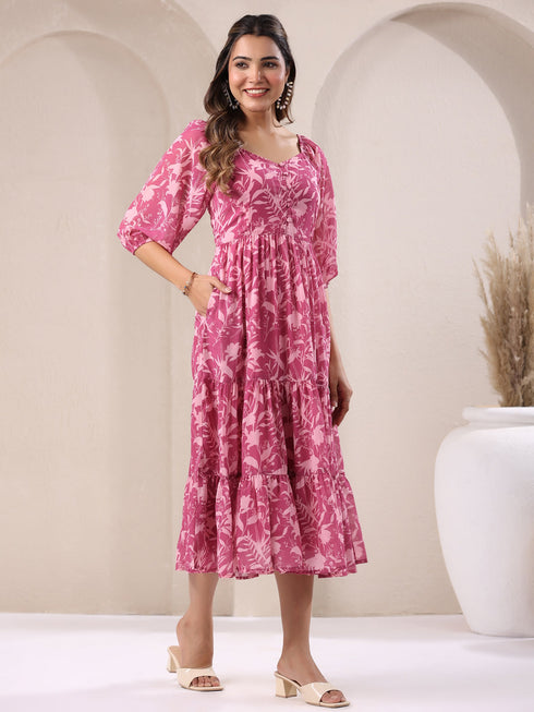 Pink Georgette Floral Printed Tiered Dress