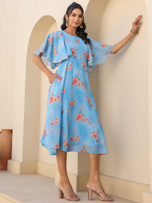 Blue Georgette Floral Printed A-line Dress
