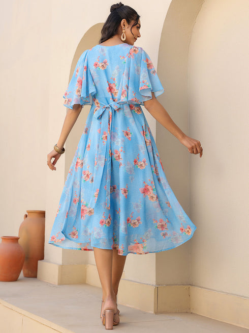 Blue Georgette Floral Printed A-line Dress
