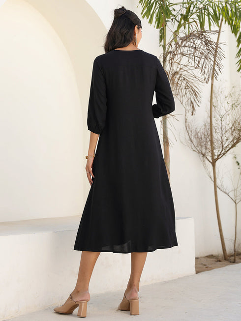Black Rayon Solid Button Down A-line Dress