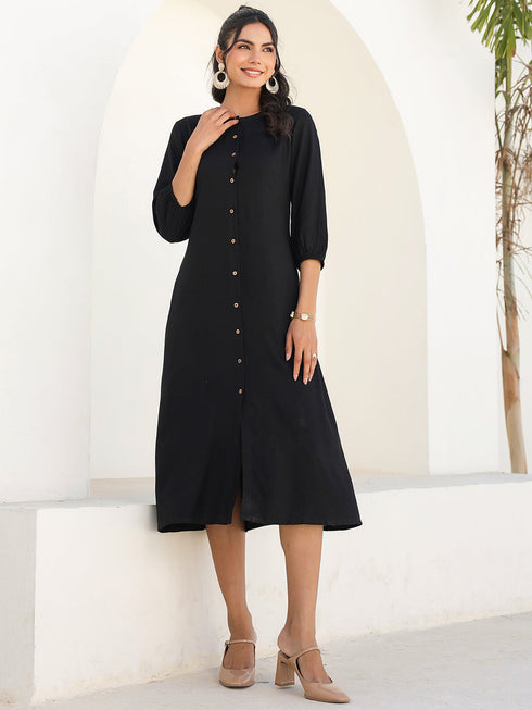 Black Rayon Solid Button Down A-line Dress